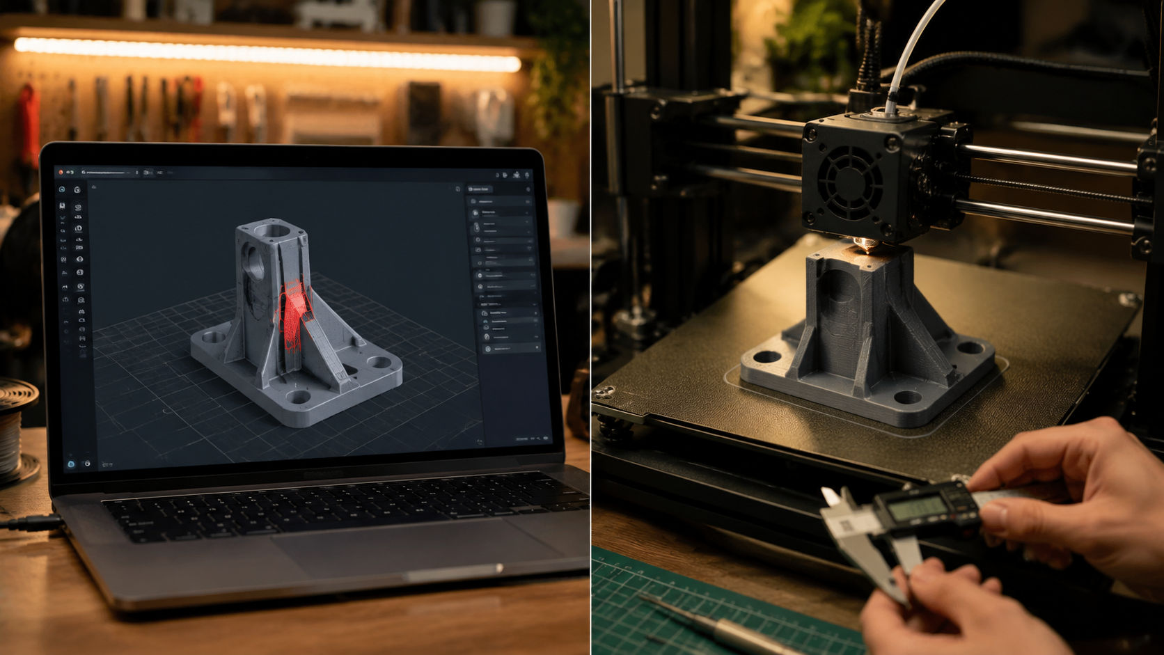 Workflow of repairing an AI-generated 3D model in a slicer with mesh fixing and support generation for FDM printing