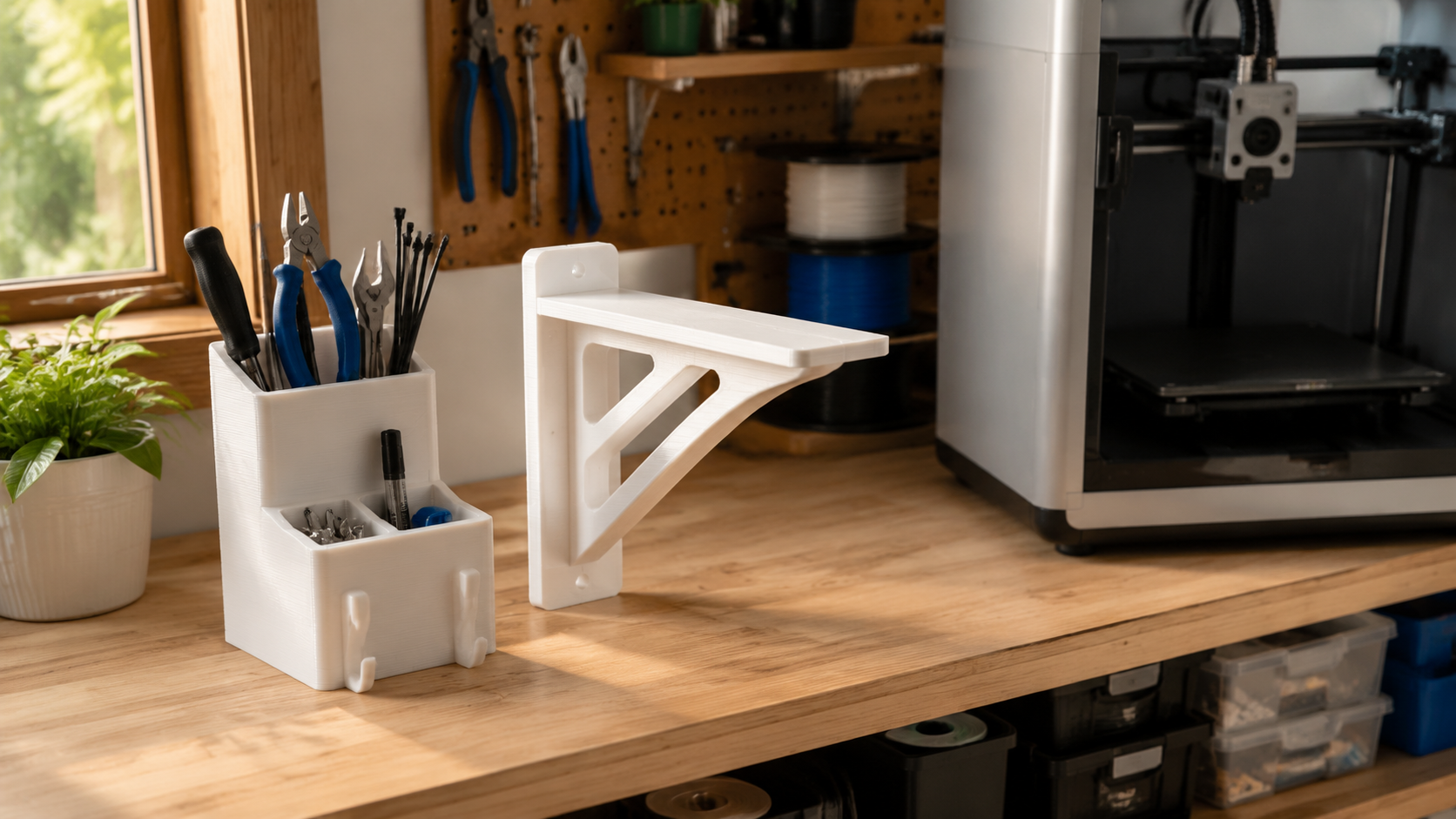 3D printed household organizer and tool holder in PLA on a maker workshop shelf, free 3D printer models for home use