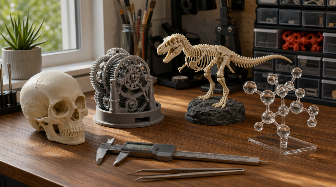 Collection of specialized 3D models including scientific, engineering, and museum scan STL files on a desk workspace — free STL files niche sources