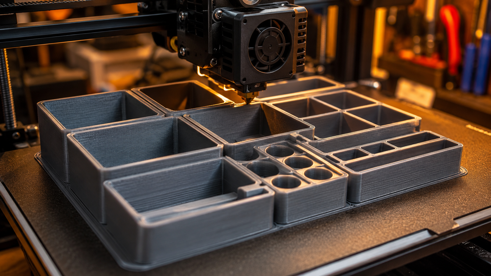 Gridfinity 3D printed storage system with tool organizers and bins on a maker desk — gridfinity 3D print models