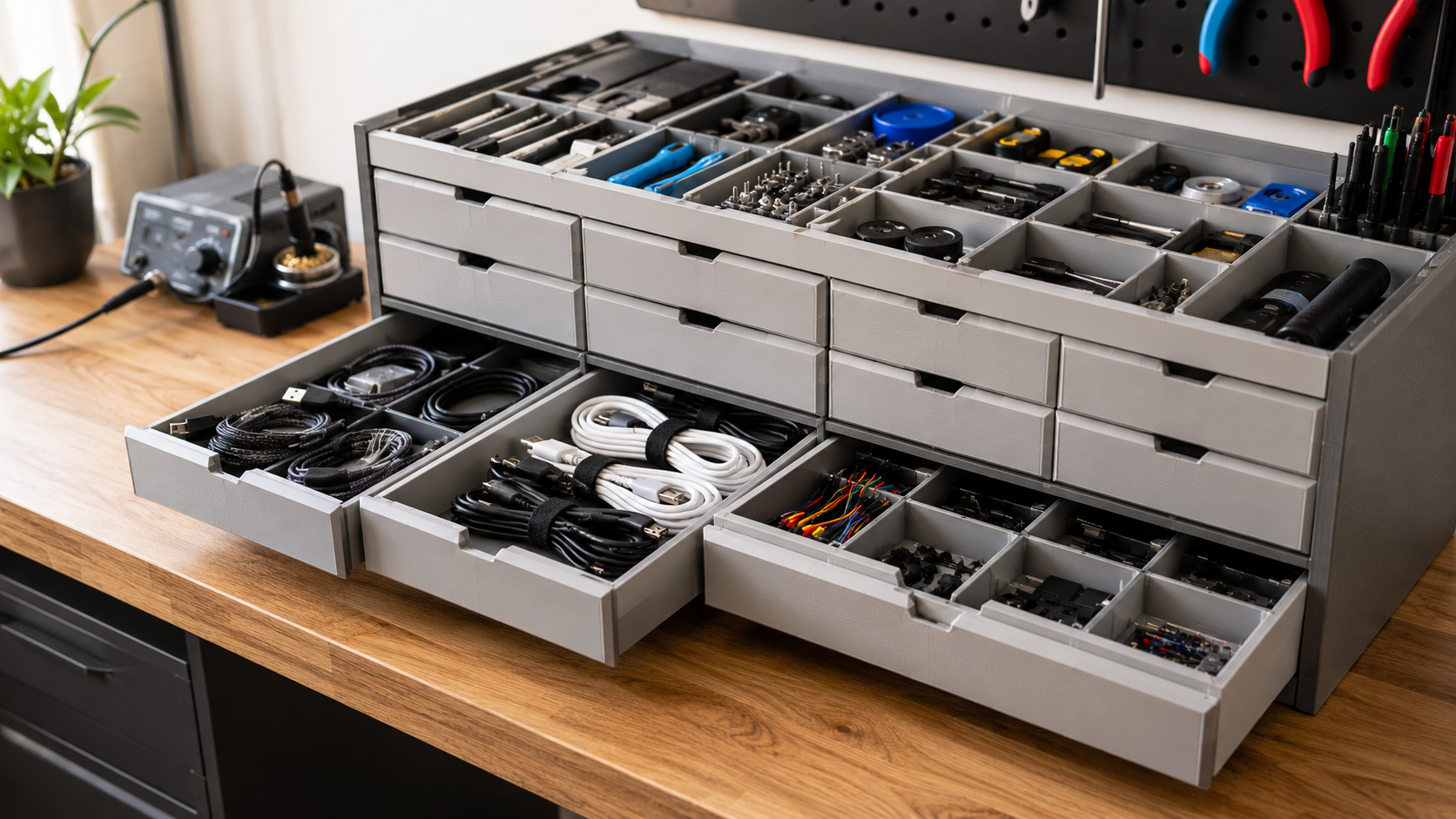 Modular Gridfinity drawer system with organized tools and cables in a 3D printed workshop setup — free gridfinity storage models
