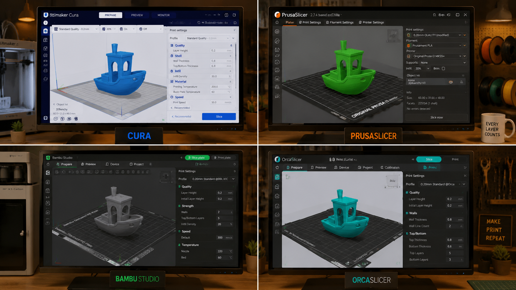 Four popular slicer interfaces showing Cura, PrusaSlicer, Bambu Studio, and OrcaSlicer arranged side by side with a 3D Benchy model loaded on each platform