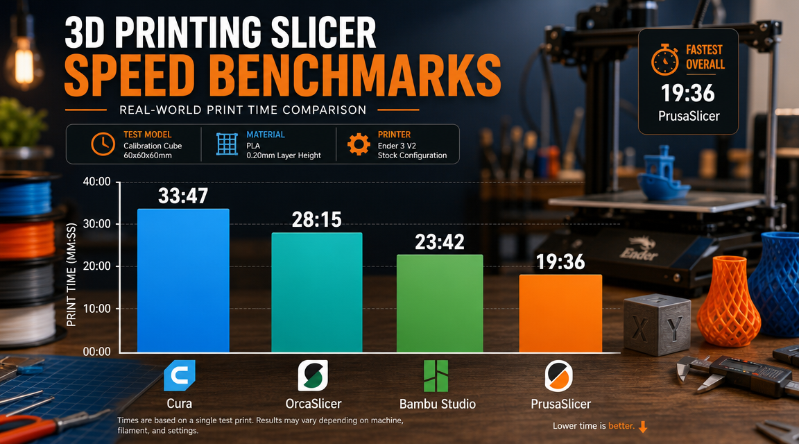 Bar chart comparing slicing speeds of Cura, OrcaSlicer, Bambu Studio, and PrusaSlicer on a Benchy benchmark showing Cura at 12.4 seconds as the fastest