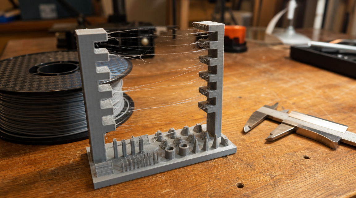 3D printed stringing test tower showing varying retraction settings on FDM printer -- 3D printer stringing causes and fixes
