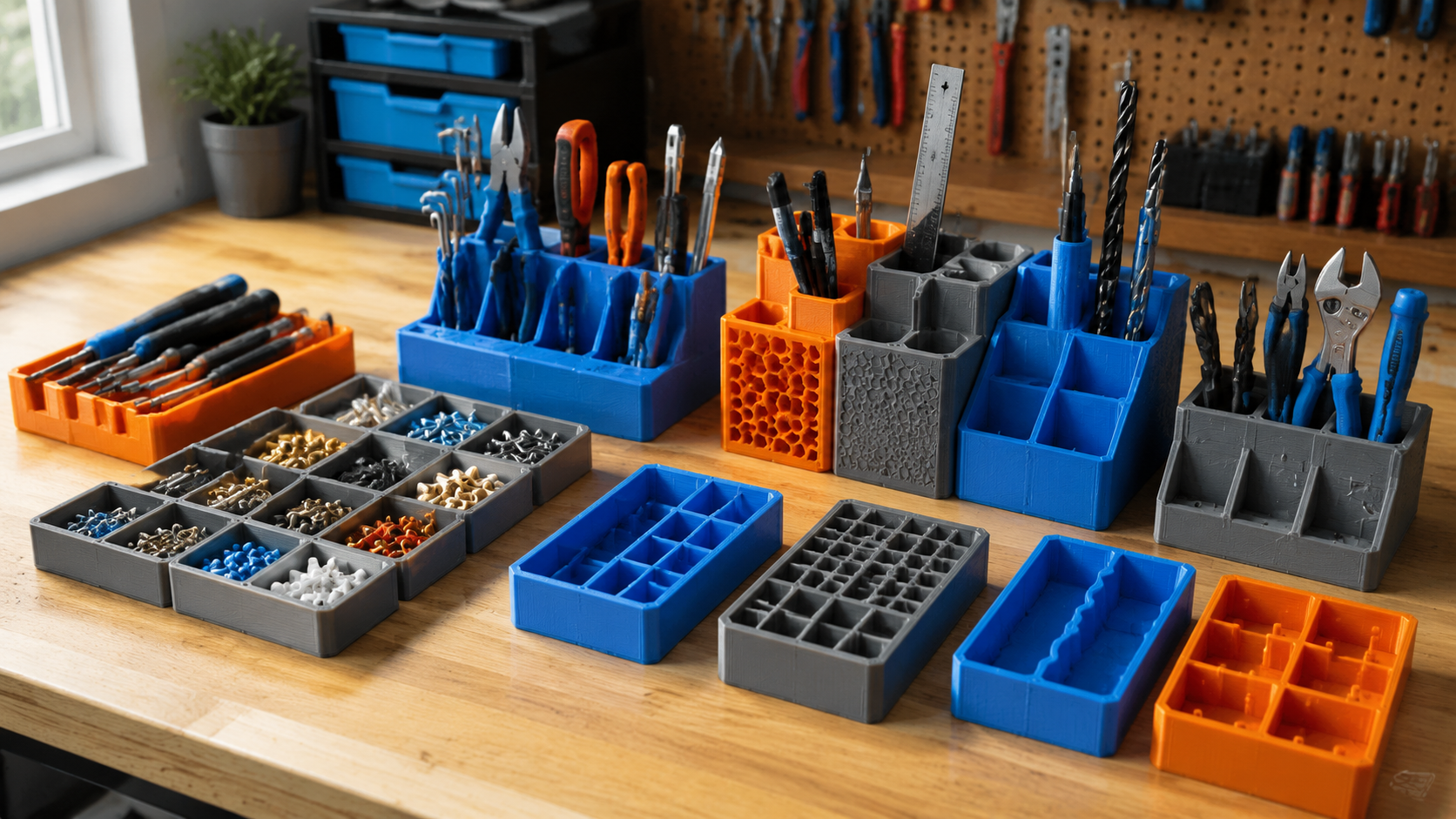 Gridfinity organizer bins 3D printed in PETG on textured PEI plate (functional free 3D models for printing)