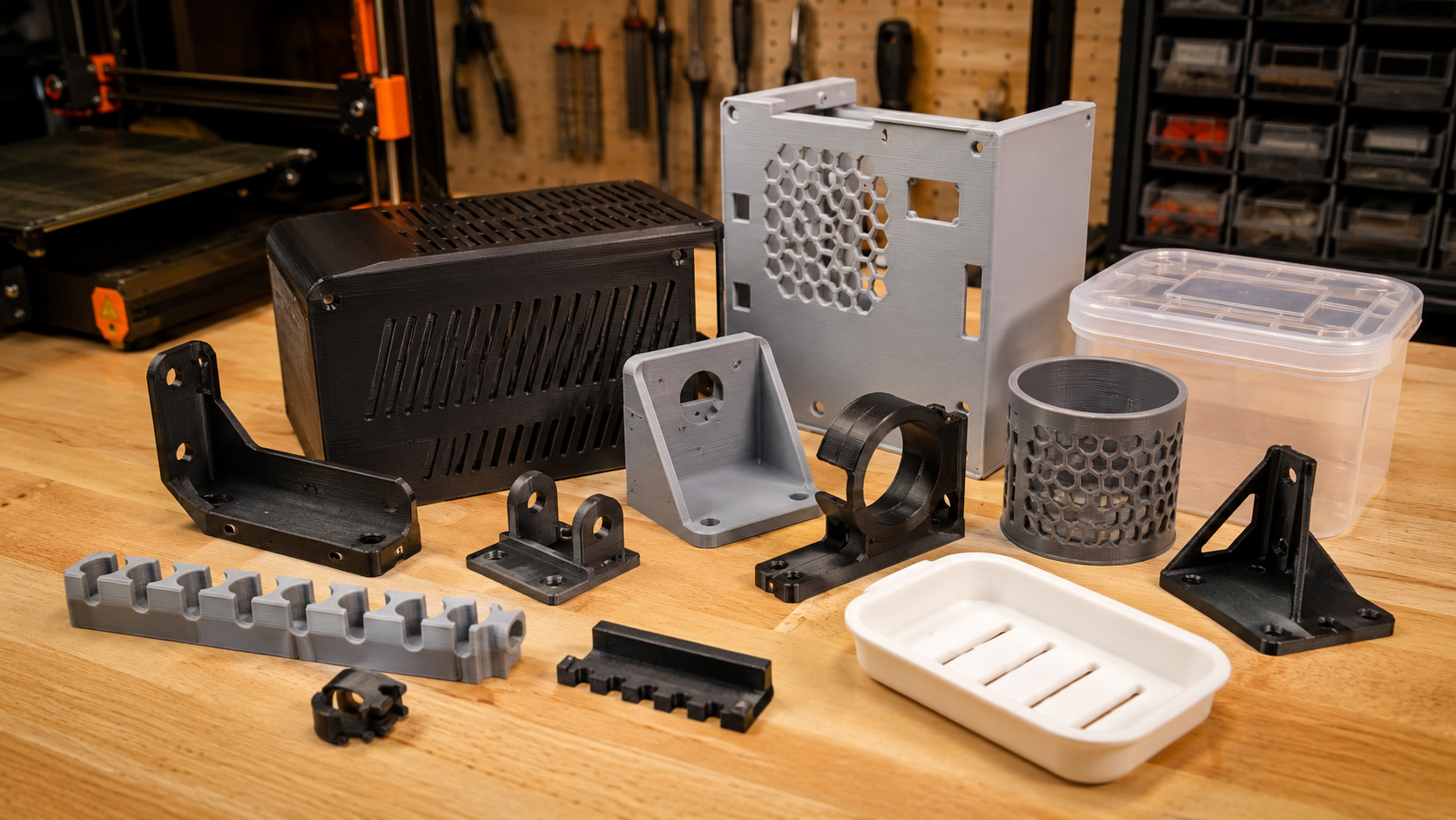 Assortment of functional PETG printed parts including brackets, enclosures, and household utility items showing strong layer adhesion and quality surface finish